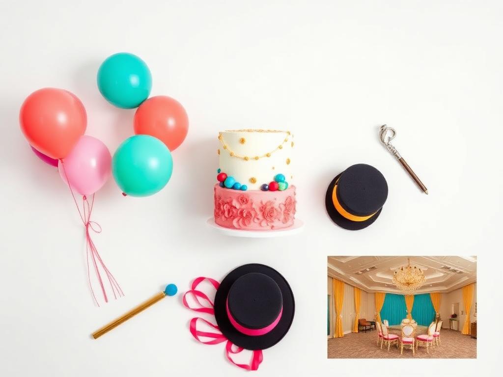 Party services flat lay showing cakes, balloons, and entertainment props